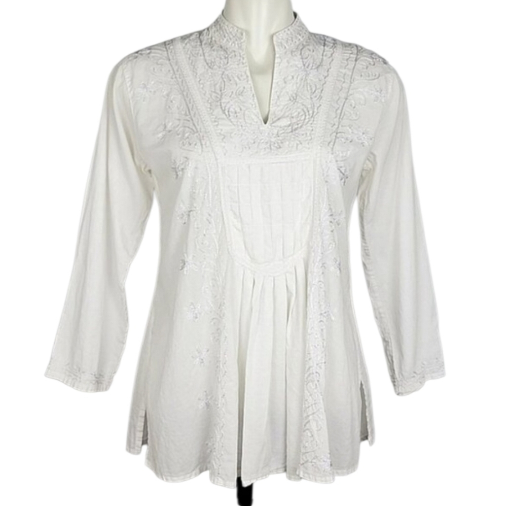 Women's White Embroidered Pleated Cotton Tunic Top Nehru Collar Split Neck M